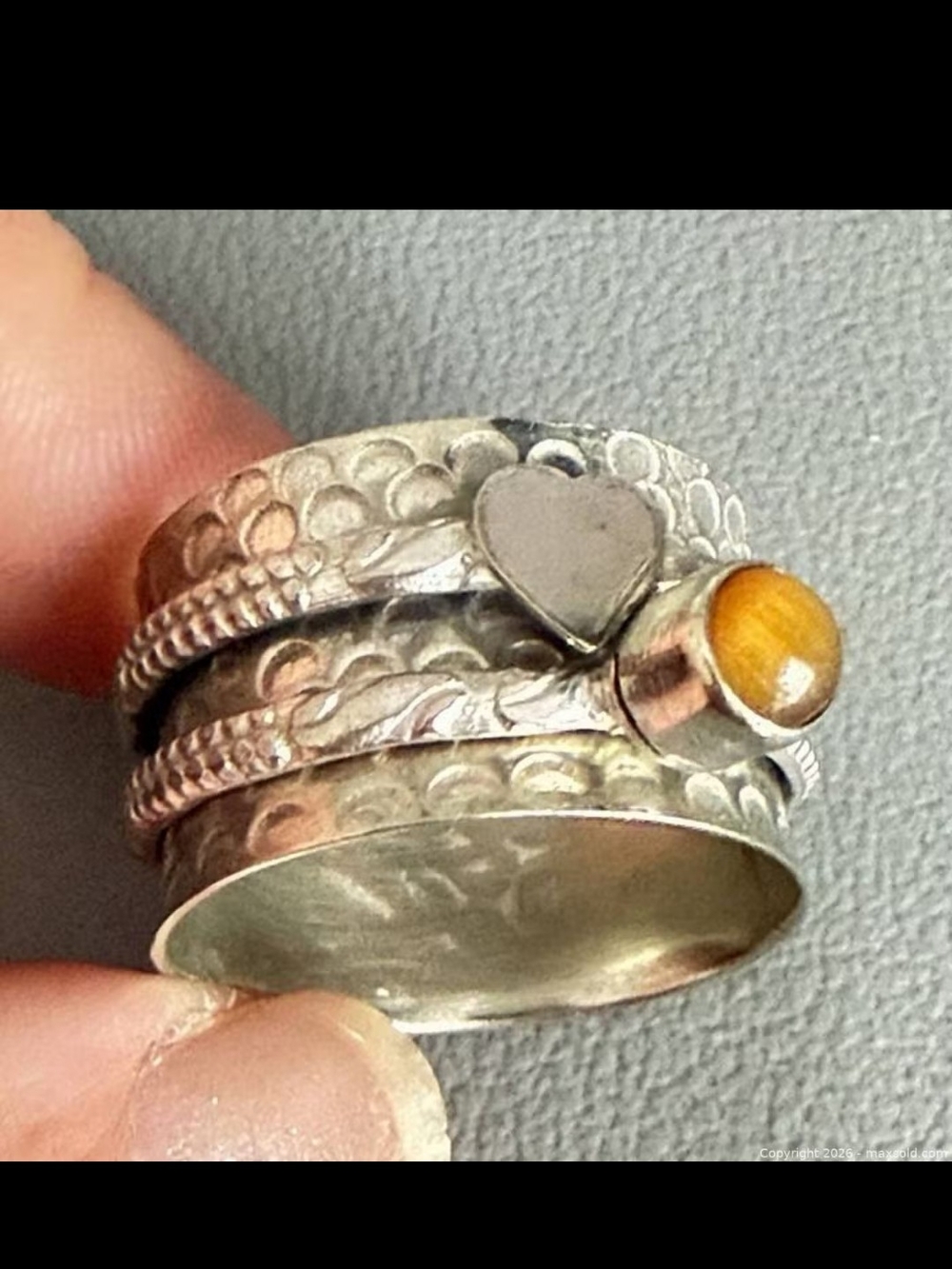 Sterling Silver Stacked Spinner Ring with Tiger Eye and Heart Accent - Yellow